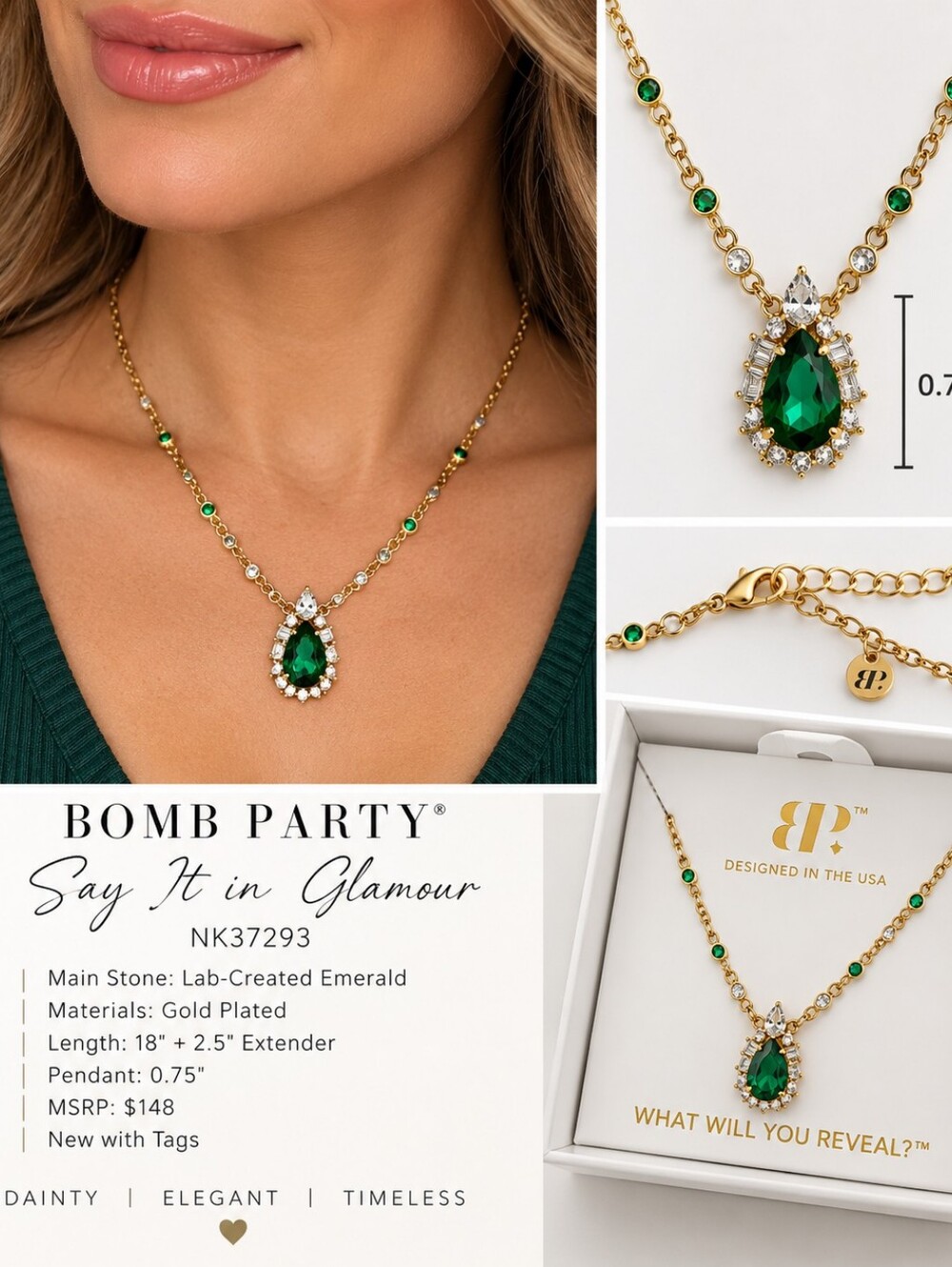 Bomb Party “Say It in Glamour” Lab-Created Emerald Necklace NWT